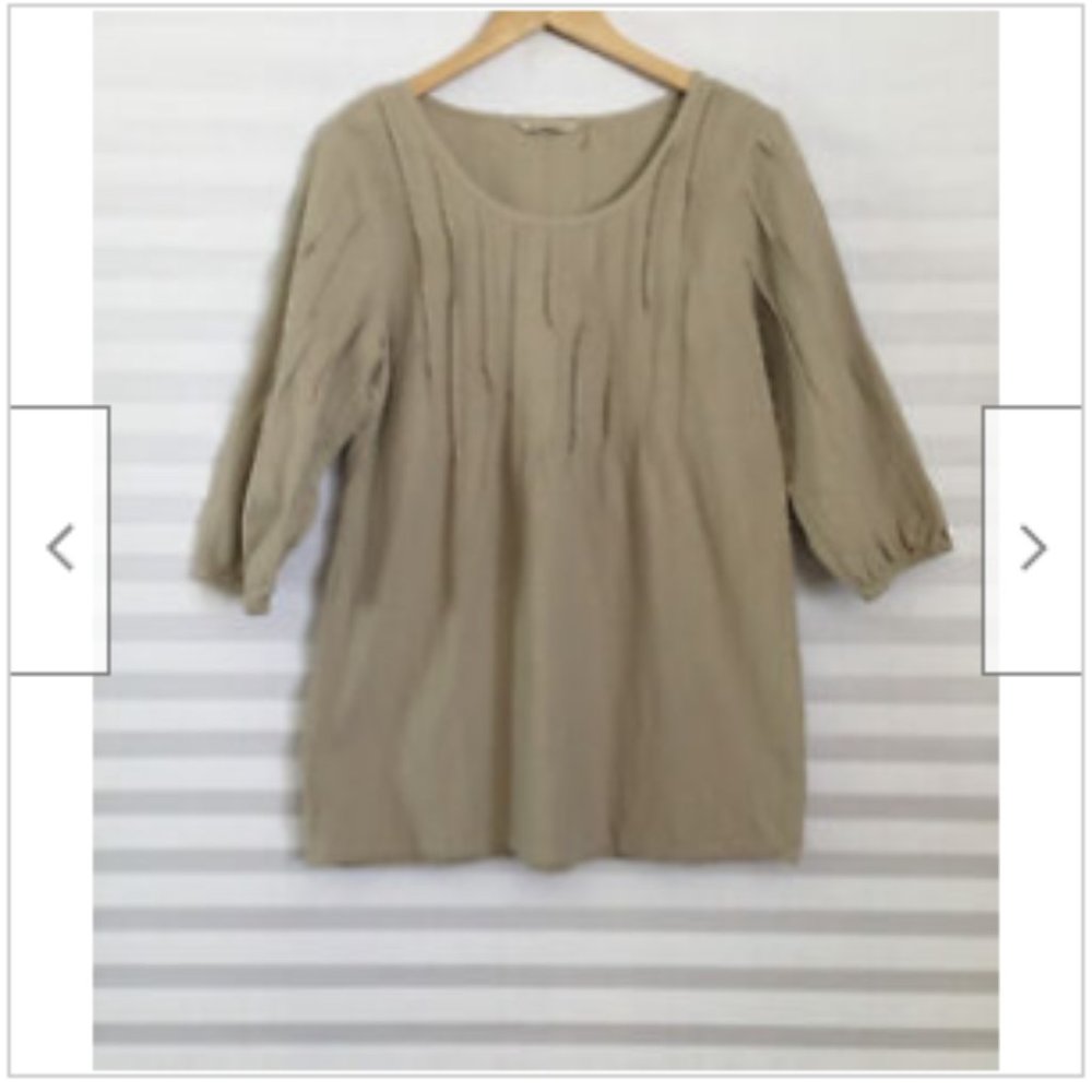 Soft Surroundings Women's Tan 3/4 Sleeve Pleated Scoop Neck Top Blouse